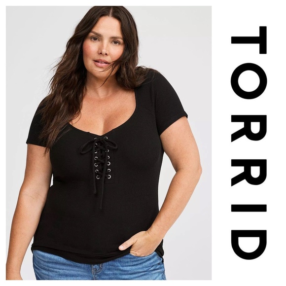 Torrid Plus Size Black Super Soft Rib V-Neck Lace Up Top - Picture 1 of 1